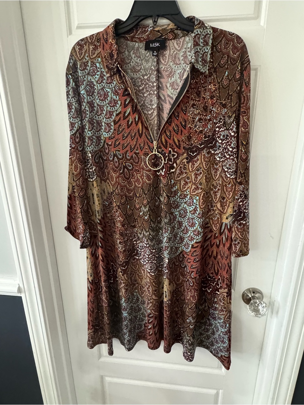 MSK Brown Multi-Print Zip Tunic with Teal Accents